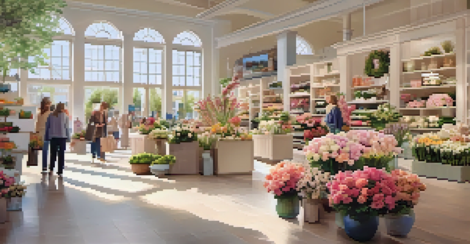 A retail store with spring-themed floral displays, pastel colors, and warm sunlight filtering through windows, with customers browsing.