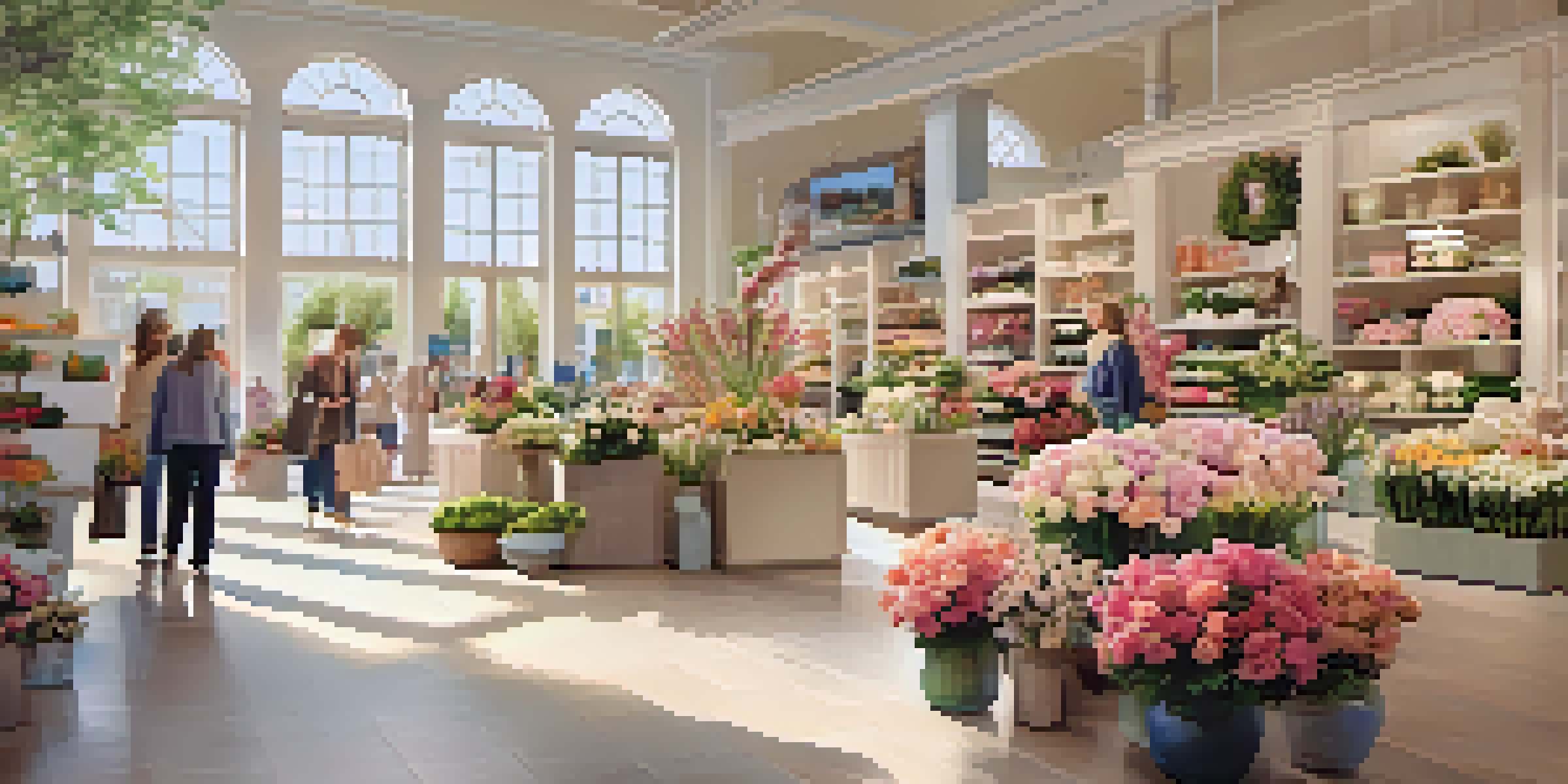 A retail store with spring-themed floral displays, pastel colors, and warm sunlight filtering through windows, with customers browsing.