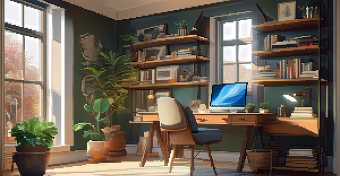 A warm and inviting home office with a laptop, coffee, and natural light.