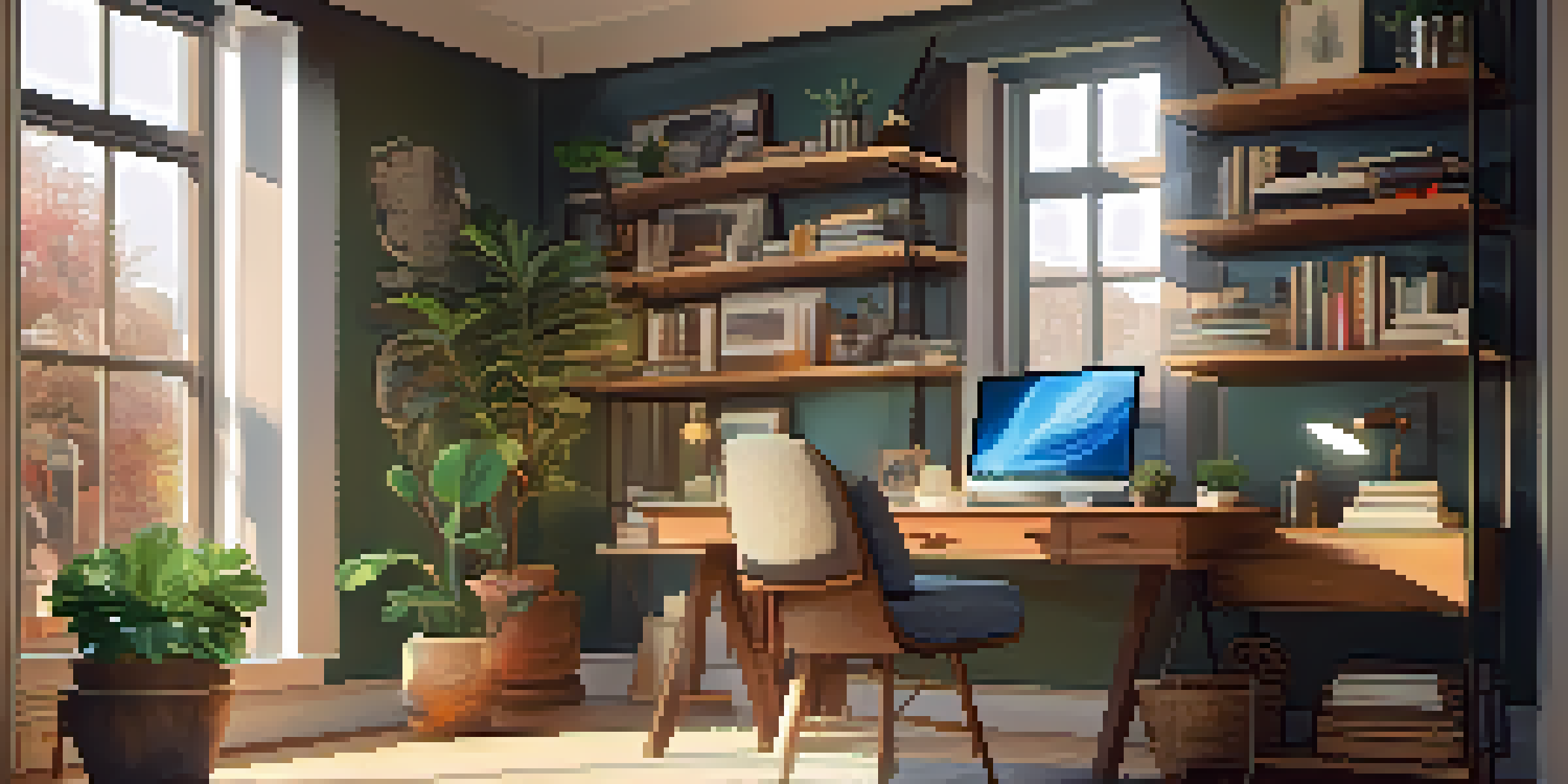 A warm and inviting home office with a laptop, coffee, and natural light.