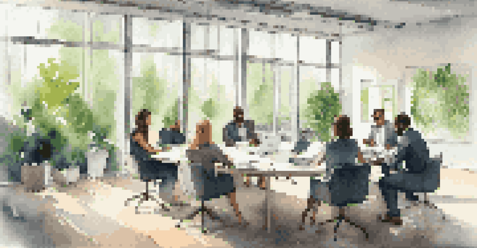 A diverse team of professionals in a modern office discussing corporate social responsibility, with greenery and natural light.