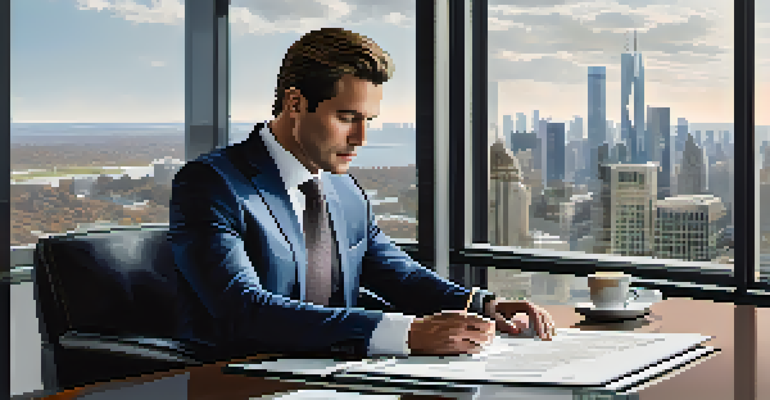 An executive in a modern office reviewing a succession plan document, with a laptop and coffee on the desk, and a city skyline in the background.