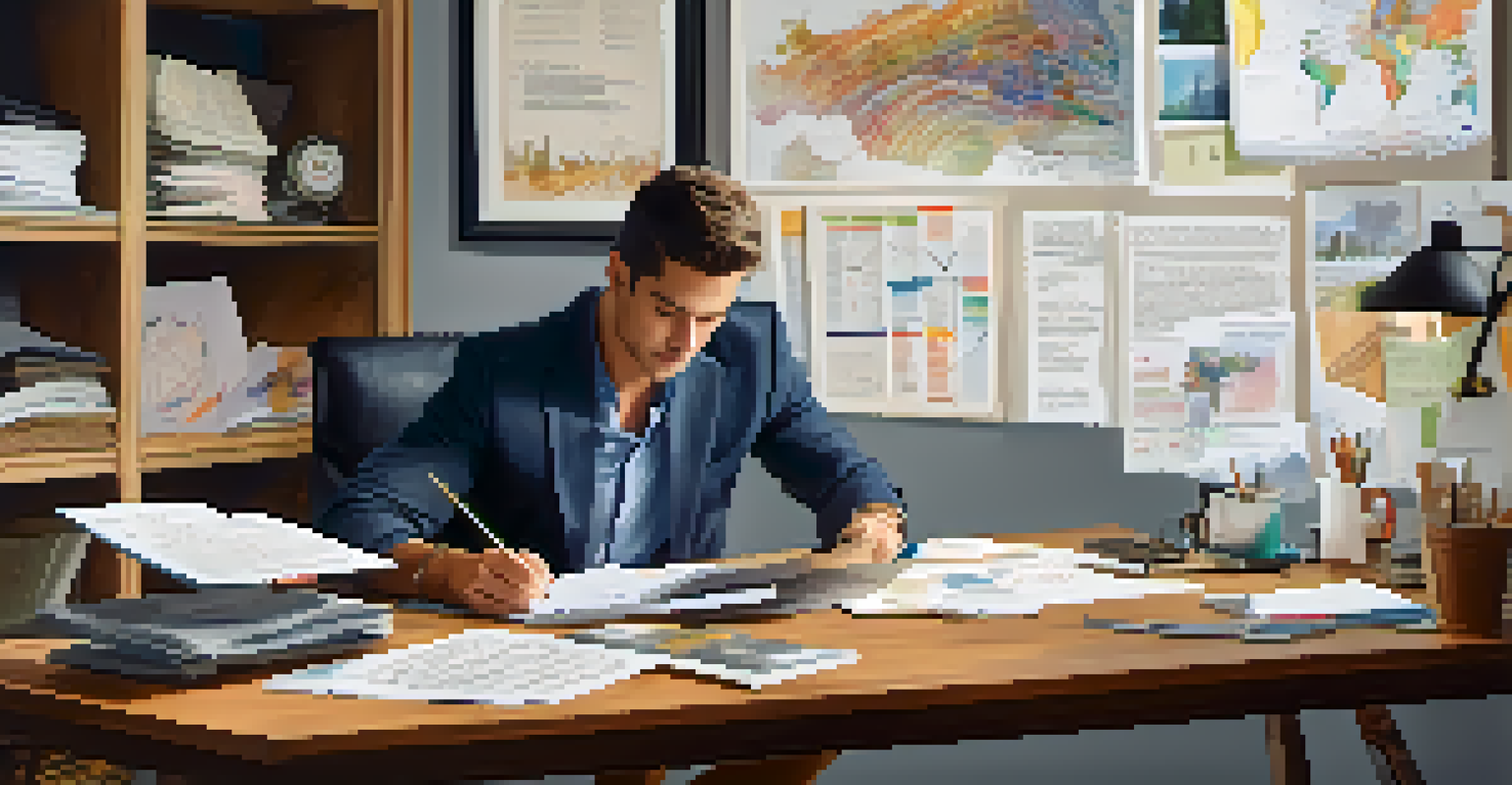 A business owner reviewing financial documents in a cozy office with a laptop and a vision board on the wall.