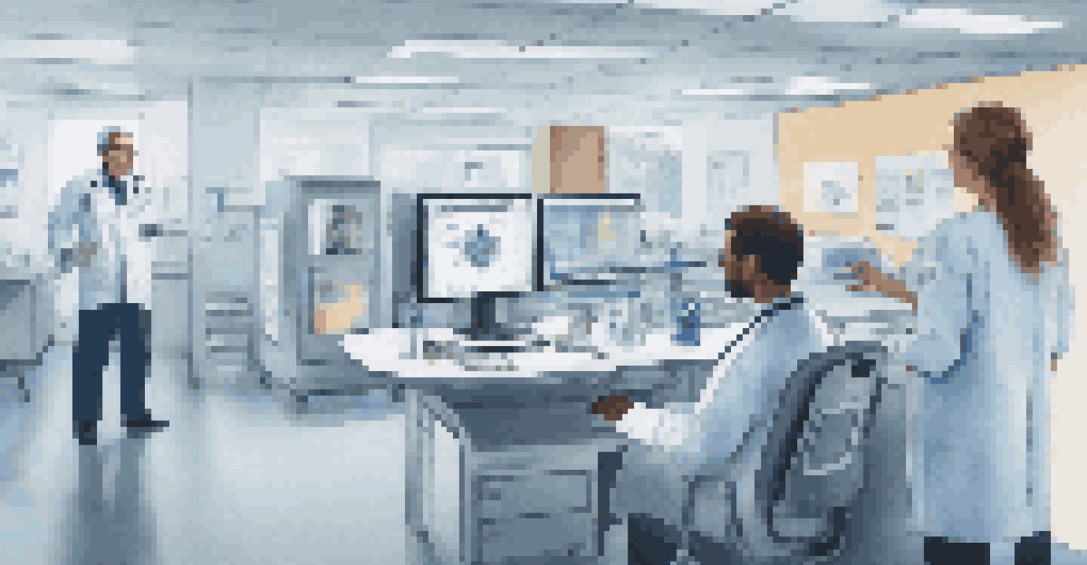 A healthcare professional working at a computer station, utilizing robotic process automation to manage patient data, with a nurse engaging with a patient in the background.