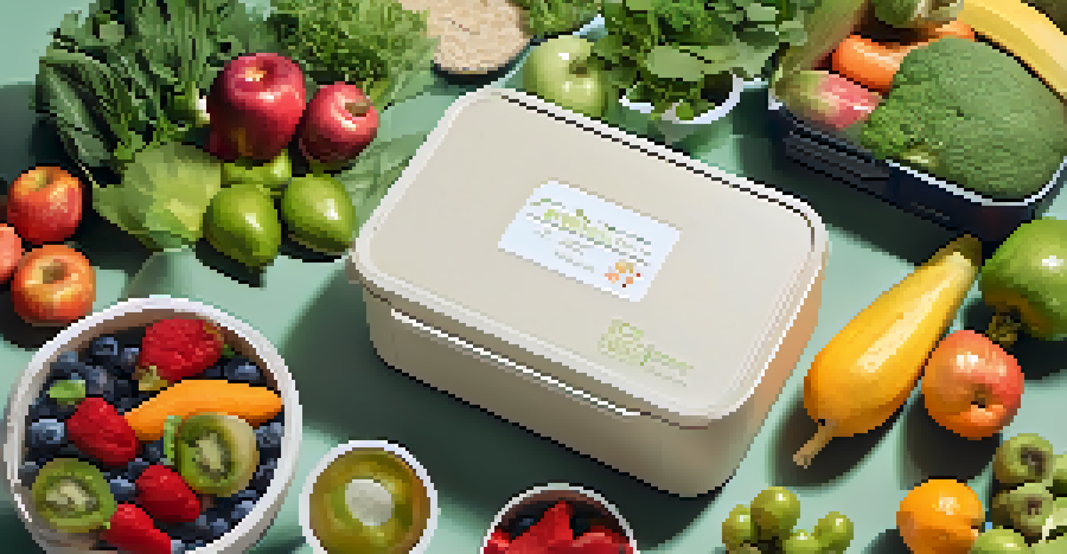 An eco-friendly lunch box made from biodegradable materials surrounded by fresh fruits and vegetables.
