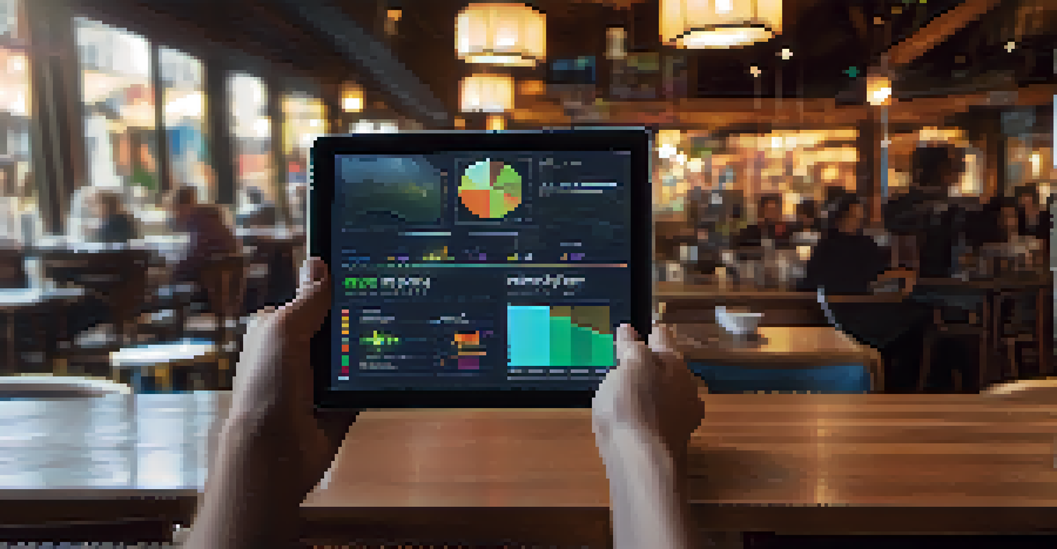 A person in a cafe holding a tablet displaying colorful graphs and statistics related to market research.