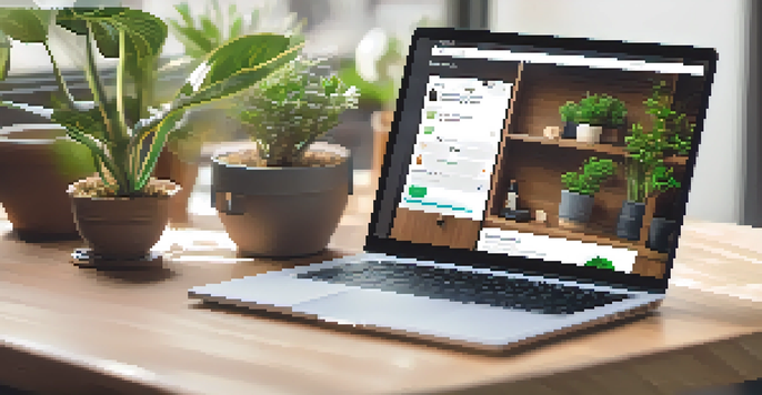 A laptop displaying an e-commerce website with a chatbot interface, set on a wooden desk with a plant and natural light.