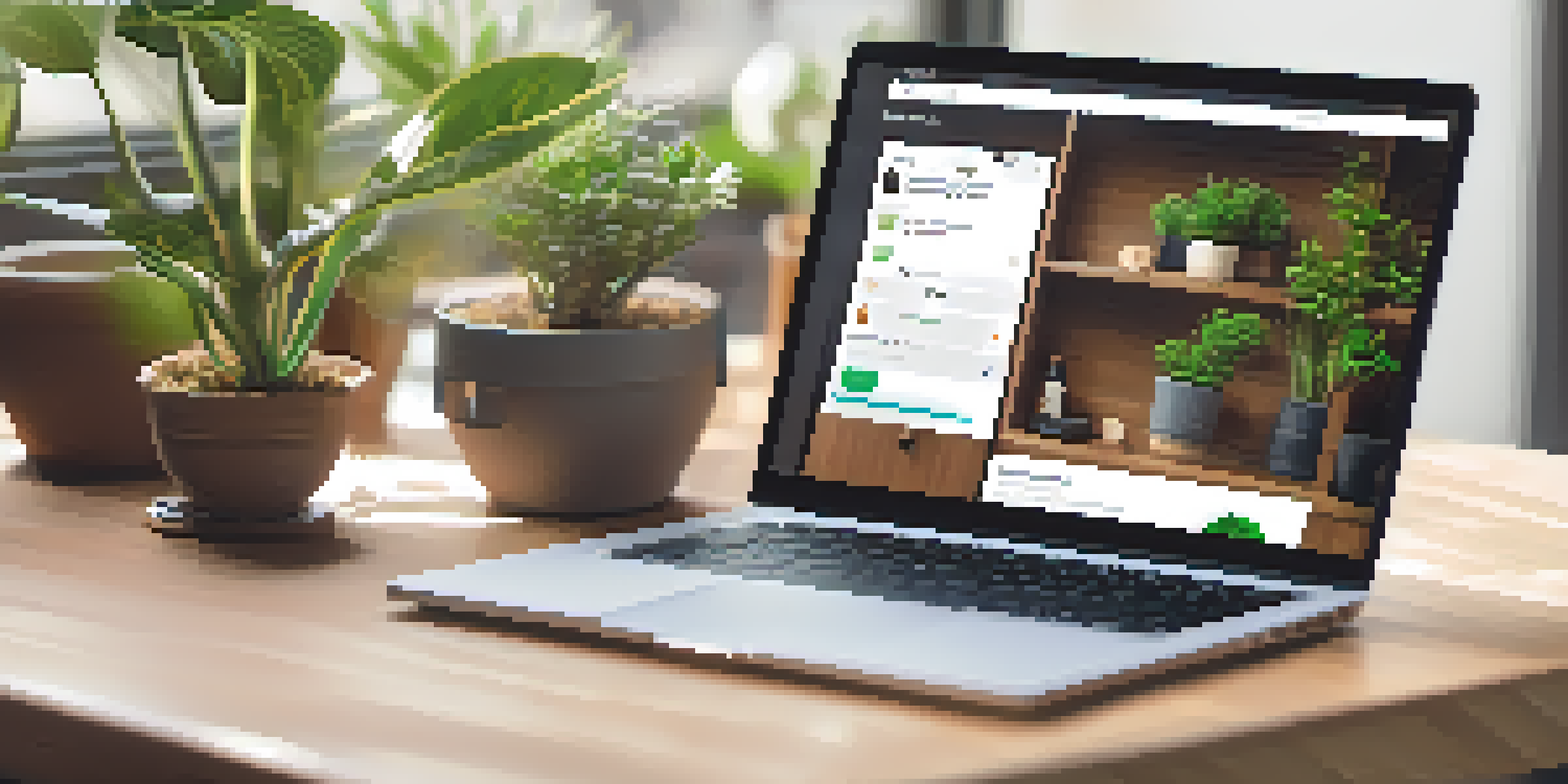 A laptop displaying an e-commerce website with a chatbot interface, set on a wooden desk with a plant and natural light.