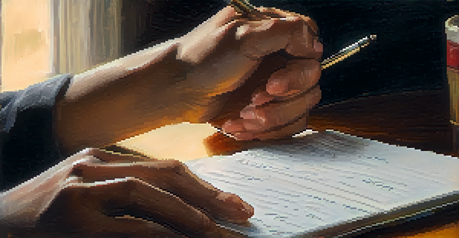 Close-up of two hands exchanging feedback in a supportive manner, with a notepad and warm lighting.