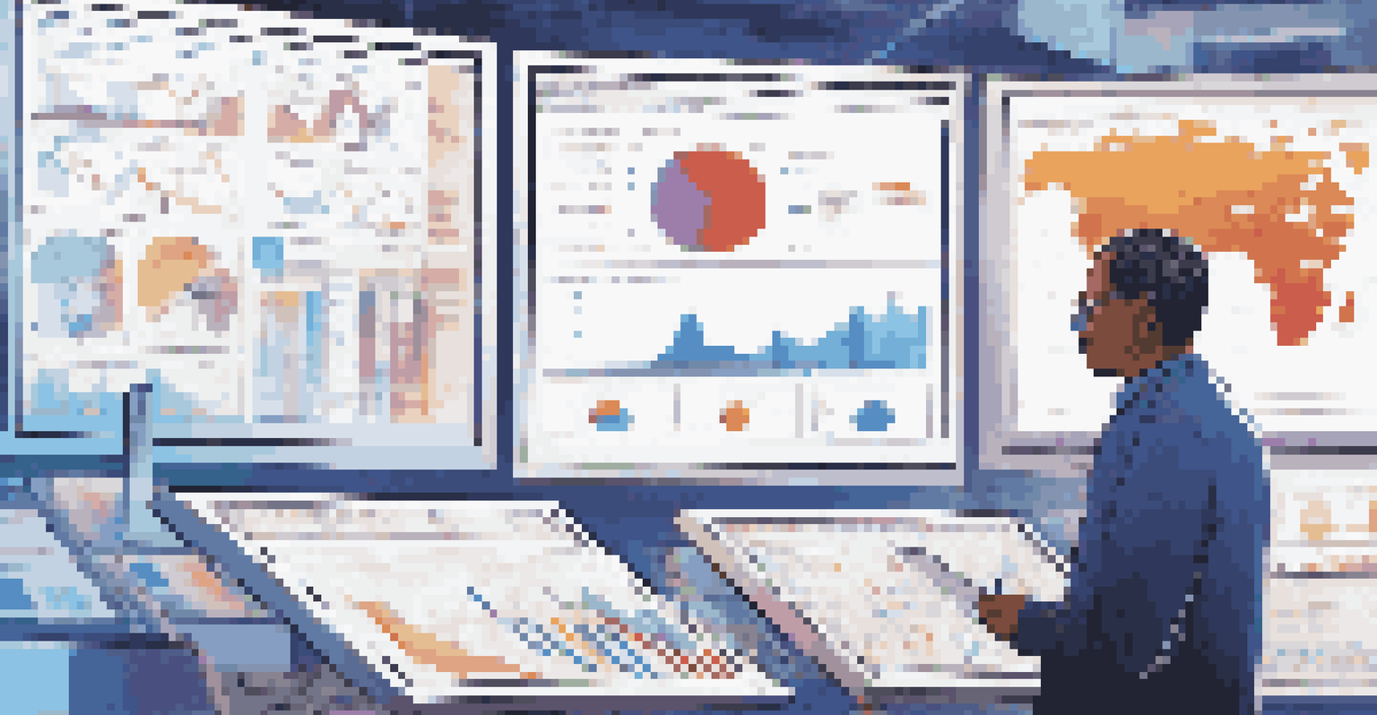 A researcher analyzing market data on a large screen, surrounded by vibrant charts and graphs in a modern office.