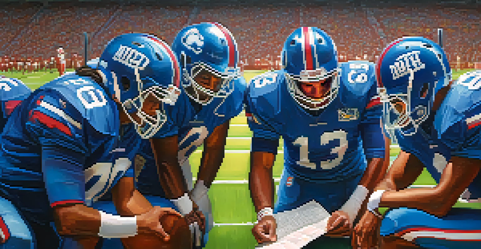 A sports team analyzing their playbook in a focused huddle, with a football field in the background.