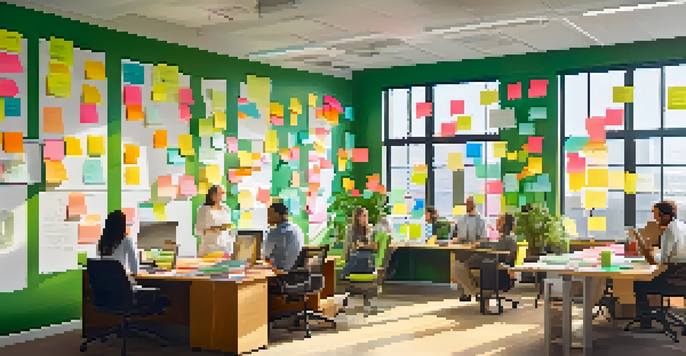 A colorful office with diverse employees brainstorming, surrounded by post-it notes and whiteboards, illuminated by natural light.