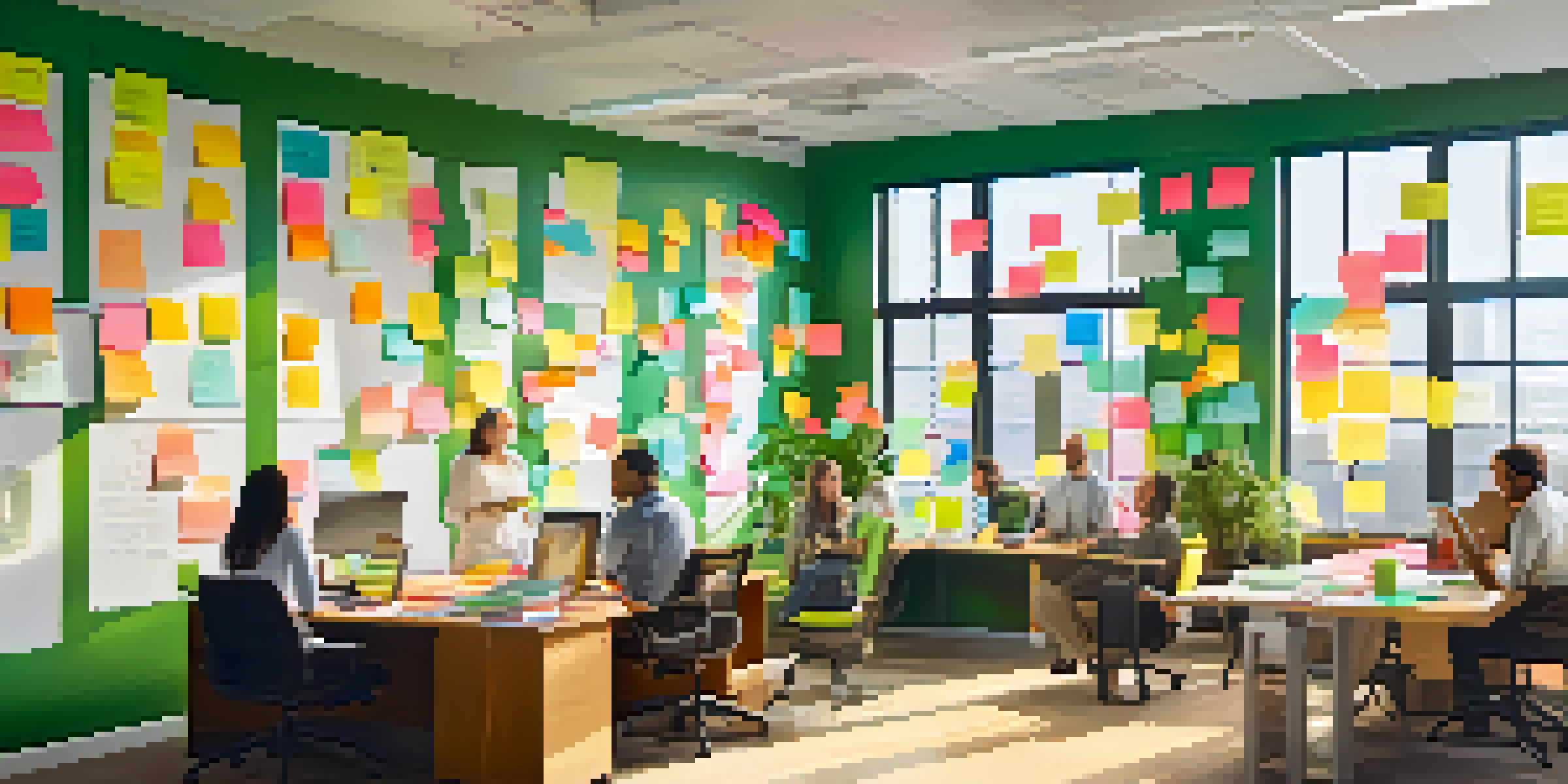 A colorful office with diverse employees brainstorming, surrounded by post-it notes and whiteboards, illuminated by natural light.