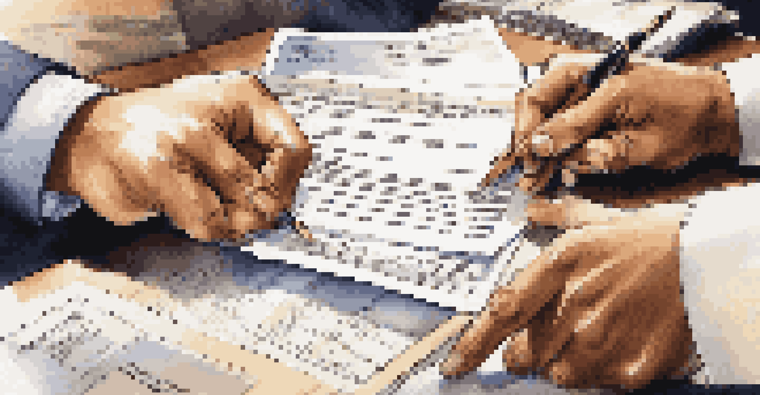 Hands of executives reviewing an executive compensation plan document in an office.