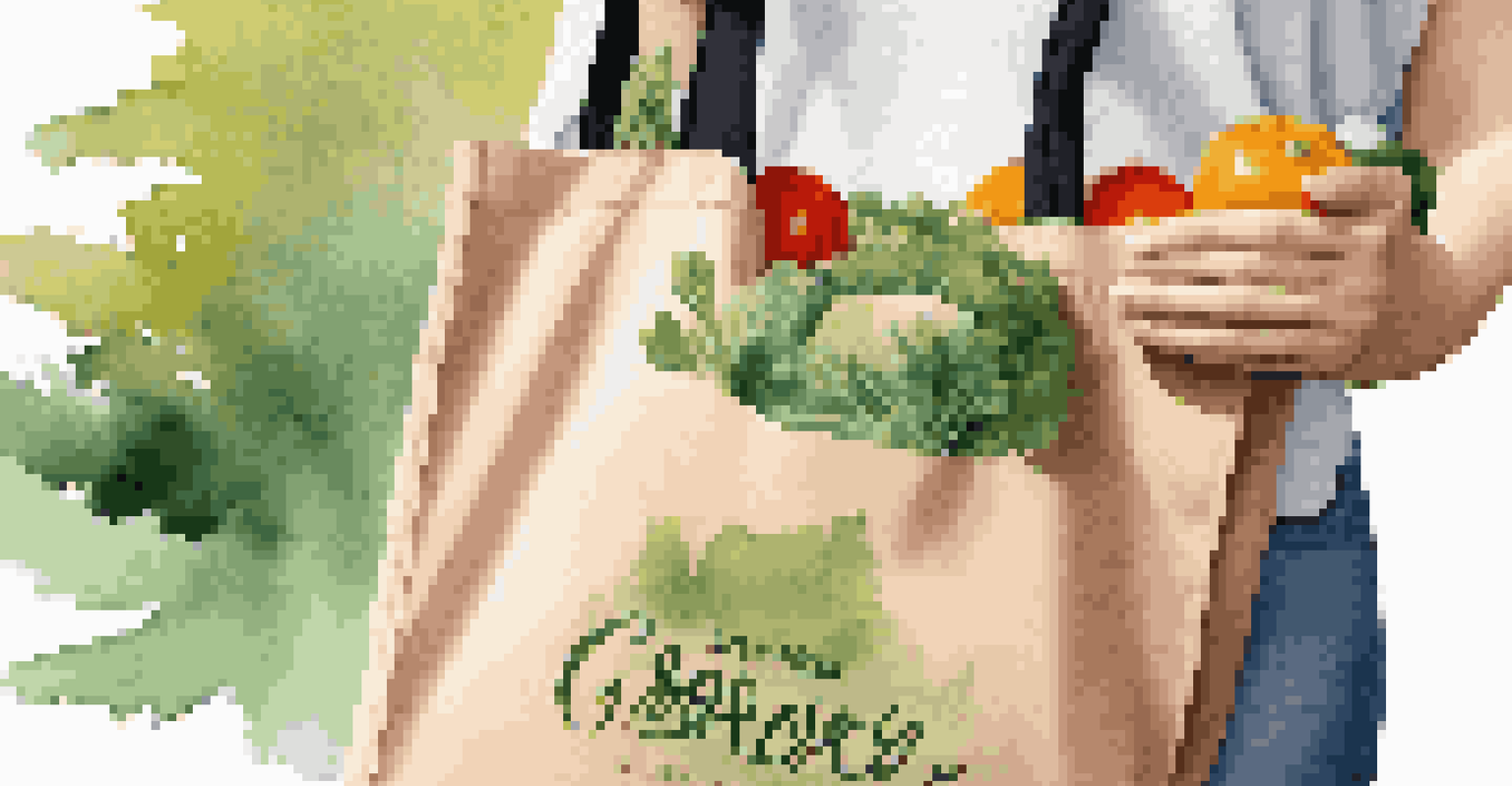 A person holding a reusable tote bag with groceries in a sunny park, promoting sustainability.