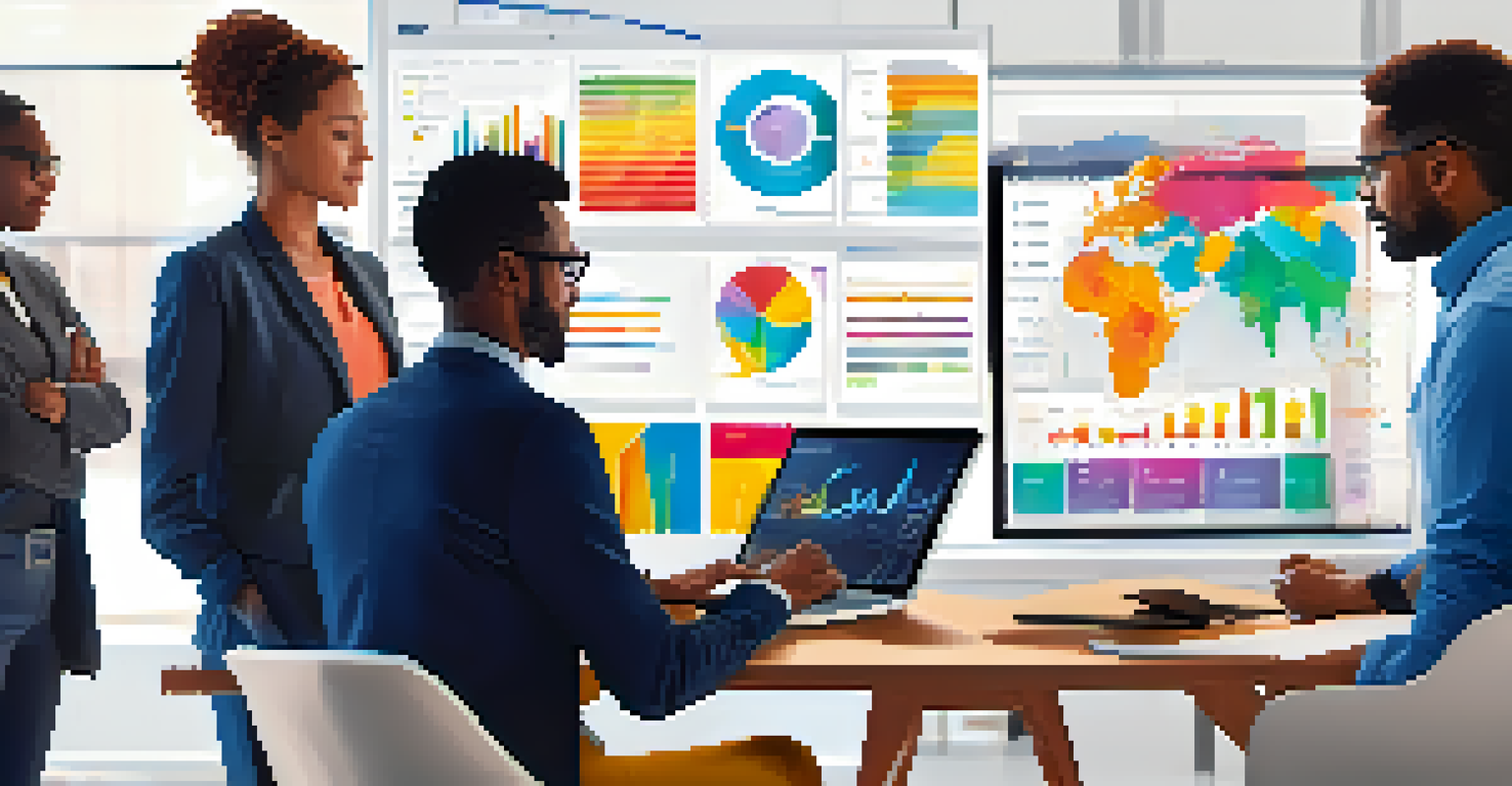 A diverse team of professionals discussing data-driven charts on a laptop in a bright modern workspace, emphasizing teamwork and innovation.