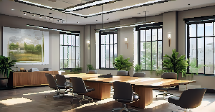 An office conference room with a wooden table, sunlight coming through large windows, and motivational quotes on the walls.