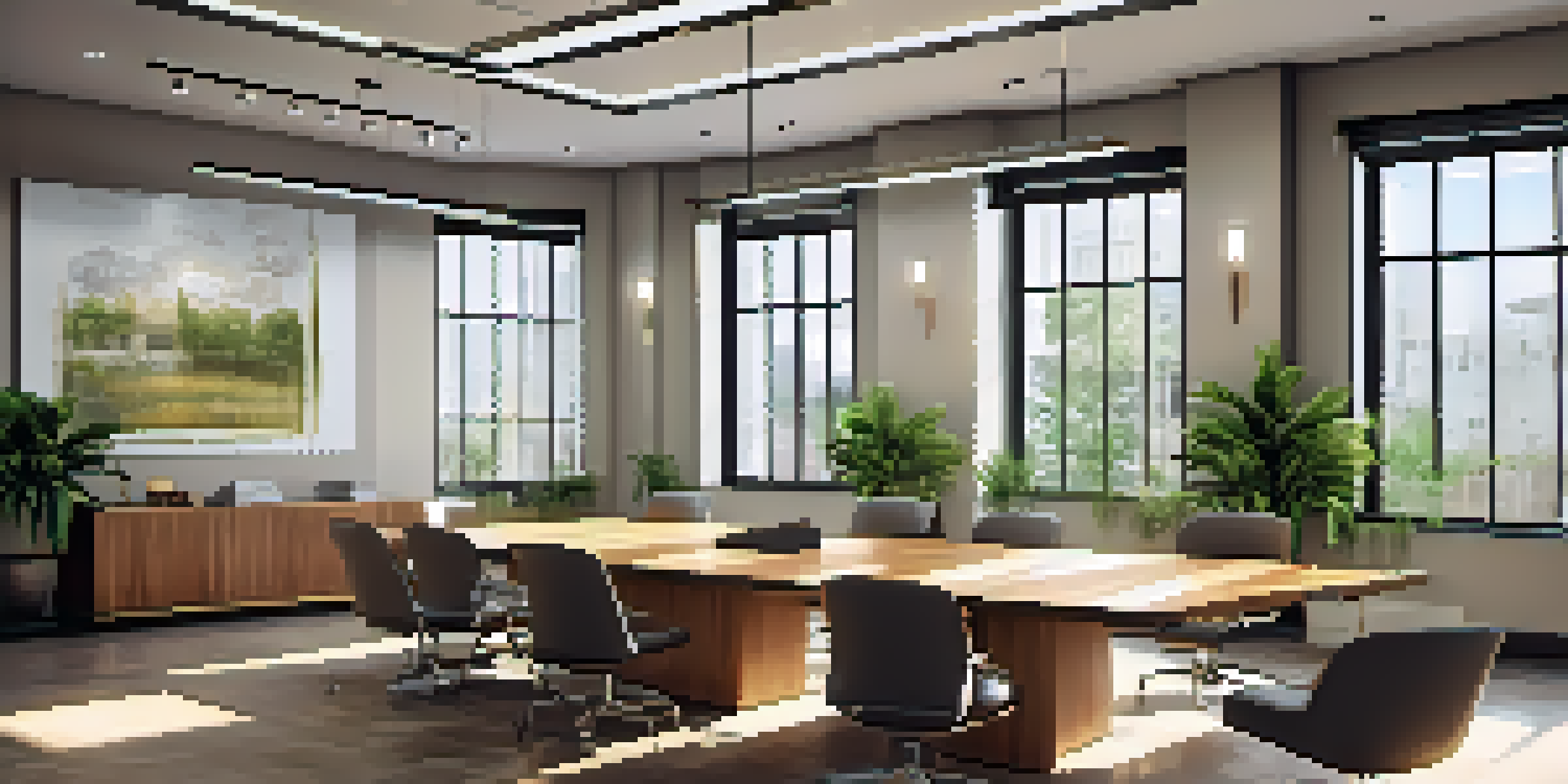 An office conference room with a wooden table, sunlight coming through large windows, and motivational quotes on the walls.