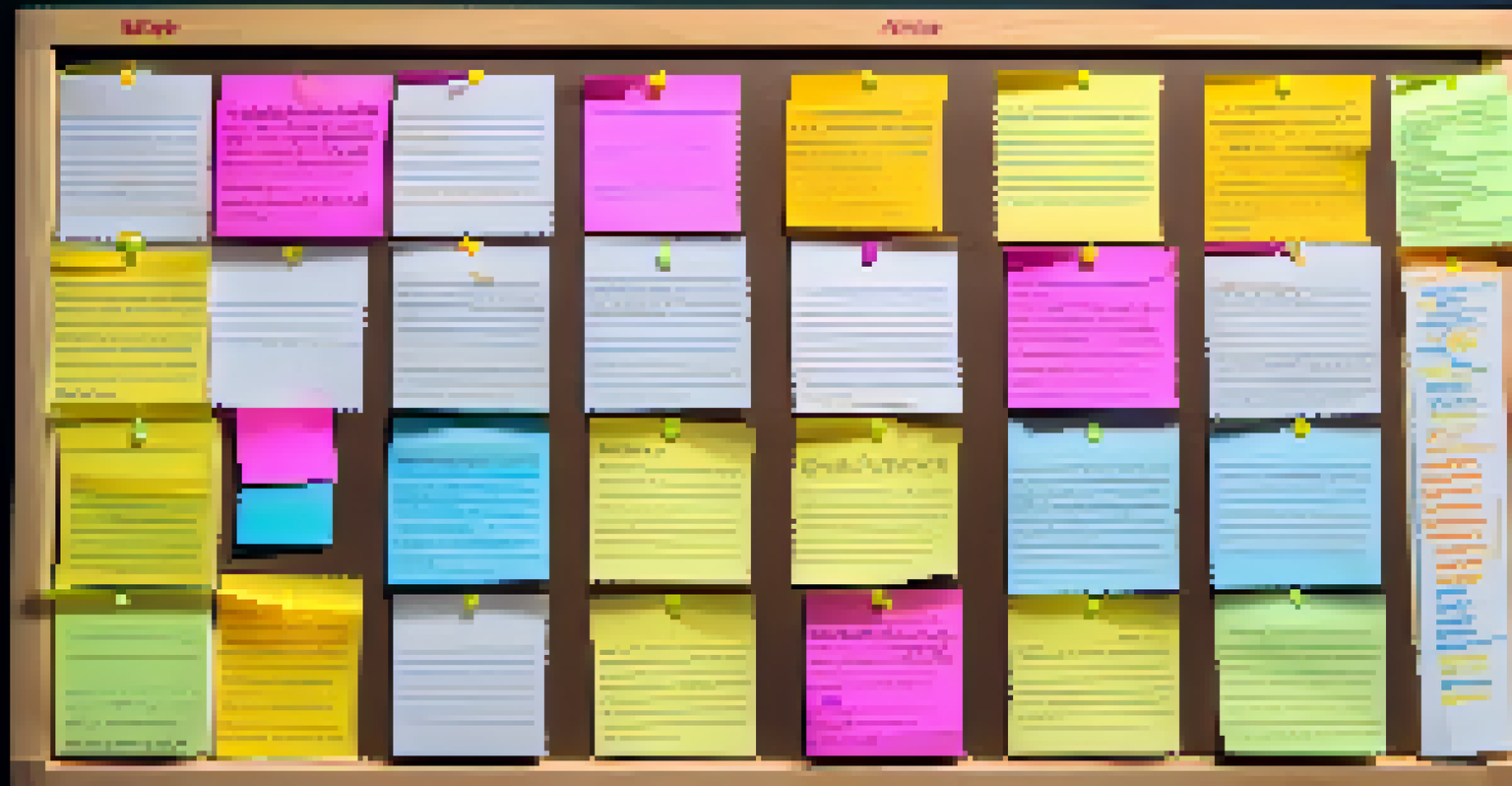 A close-up view of a well-organized Kanban board with colorful sticky notes for task management.