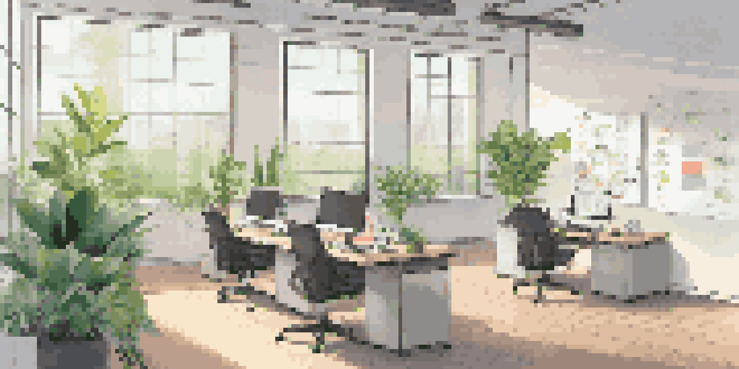 A bright and peaceful office with a desk, laptop, and whiteboard filled with colorful notes, creating an atmosphere of creativity and innovation.