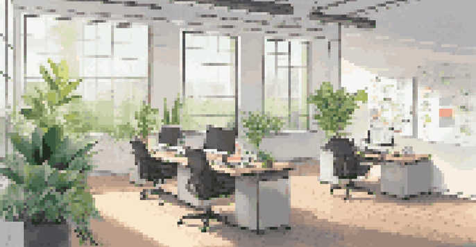 A bright and peaceful office with a desk, laptop, and whiteboard filled with colorful notes, creating an atmosphere of creativity and innovation.