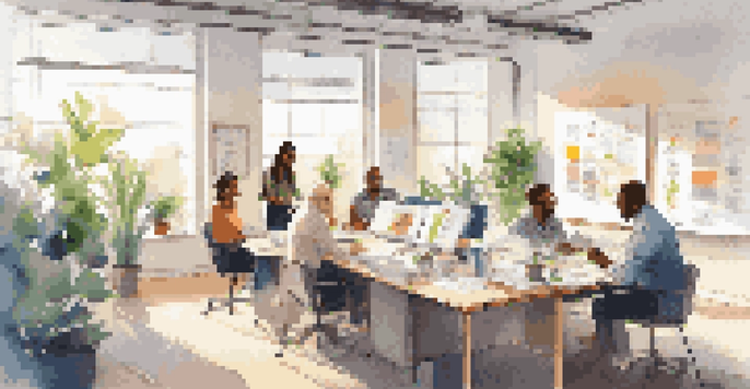 A diverse group of employees collaborating in a modern office with sunlight filtering through windows.