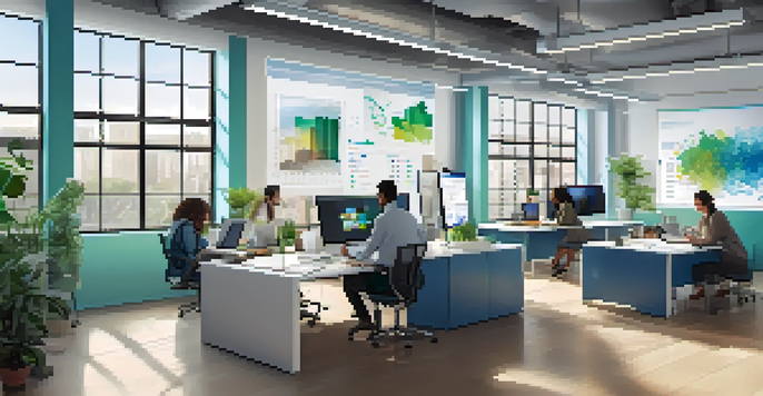 A diverse team of professionals collaborating in a bright, modern office space with laptops and charts.