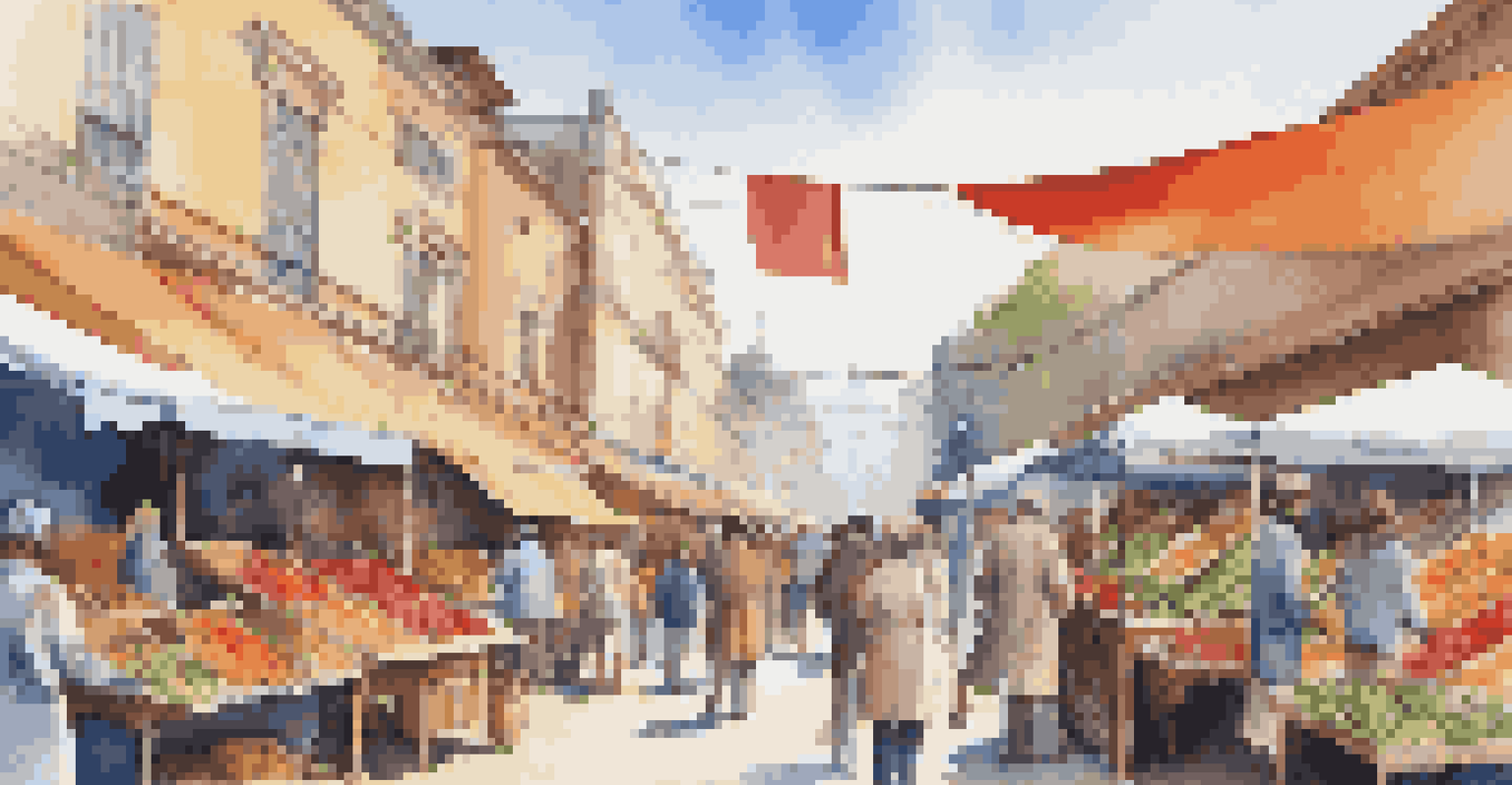 An outdoor market with stalls displaying fresh produce and crafts, with people shopping under a blue sky.