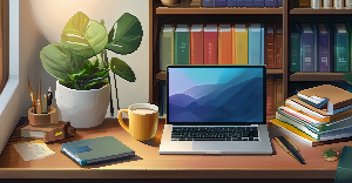 A cozy workspace with a wooden desk, laptop, and colorful budget planner, illuminated by soft warm light.