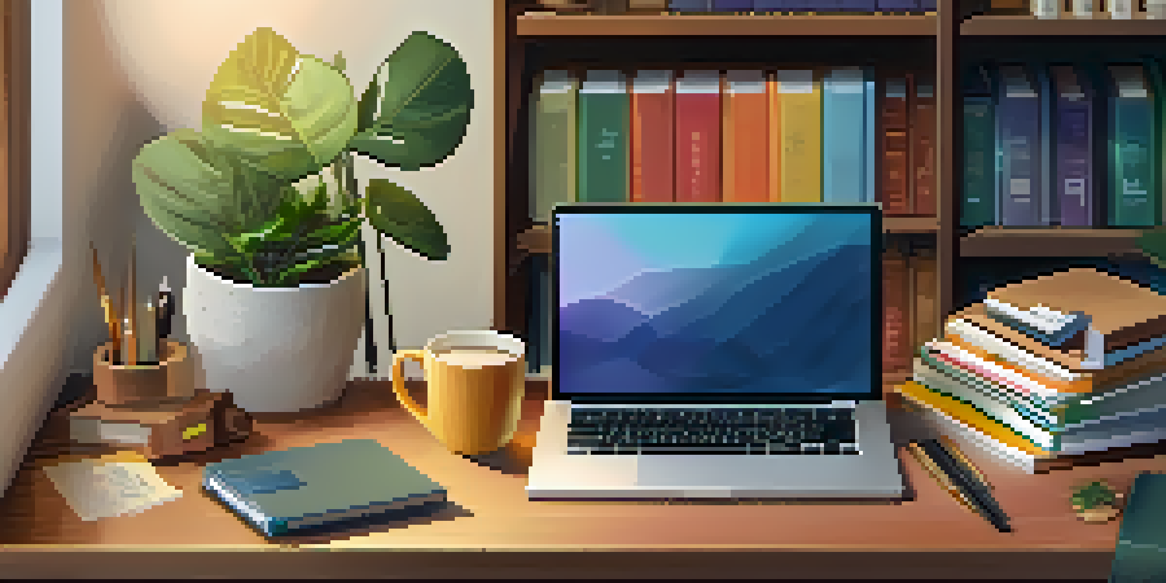 A cozy workspace with a wooden desk, laptop, and colorful budget planner, illuminated by soft warm light.