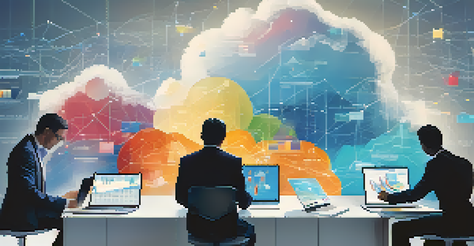 Abstract representation of cloud-based business intelligence with data graphs and professionals interacting.