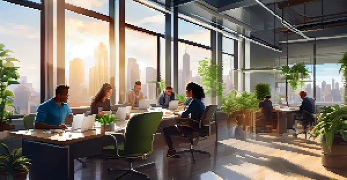 A diverse team collaborating in a bright office space with plants and a city view.