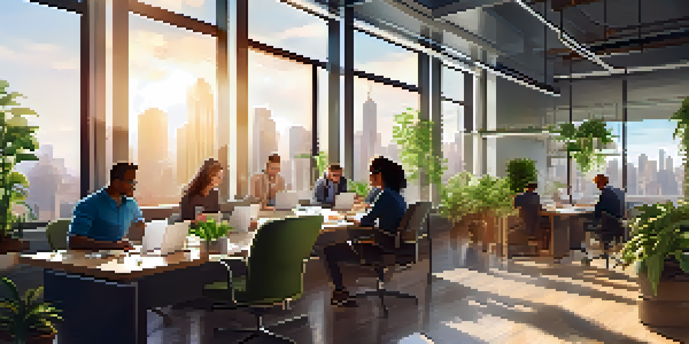 A diverse team collaborating in a bright office space with plants and a city view.