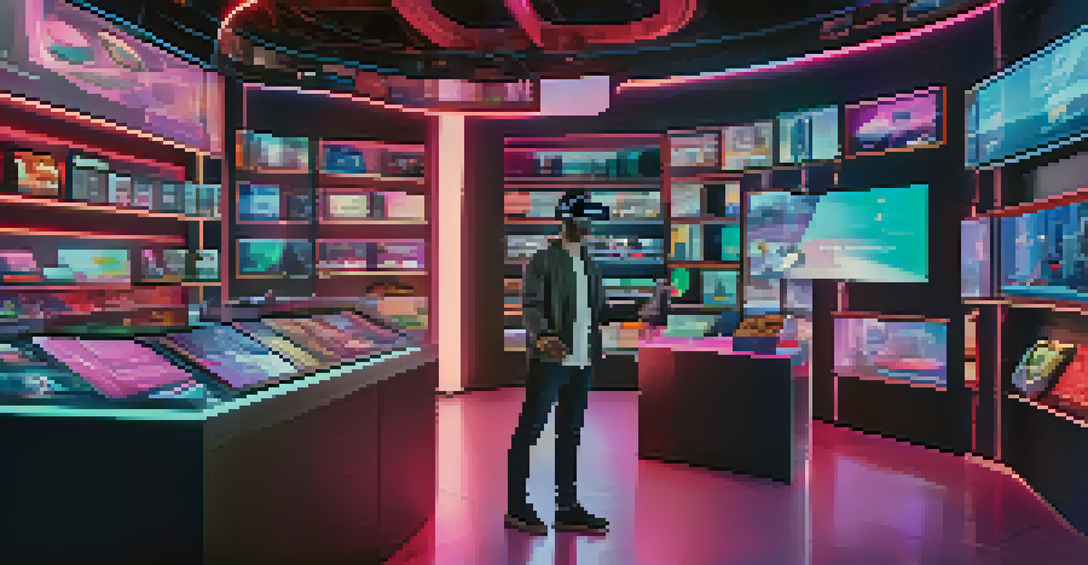 A customer in a futuristic virtual reality setting interacting with a holographic chatbot, surrounded by vibrant displays of products and information.