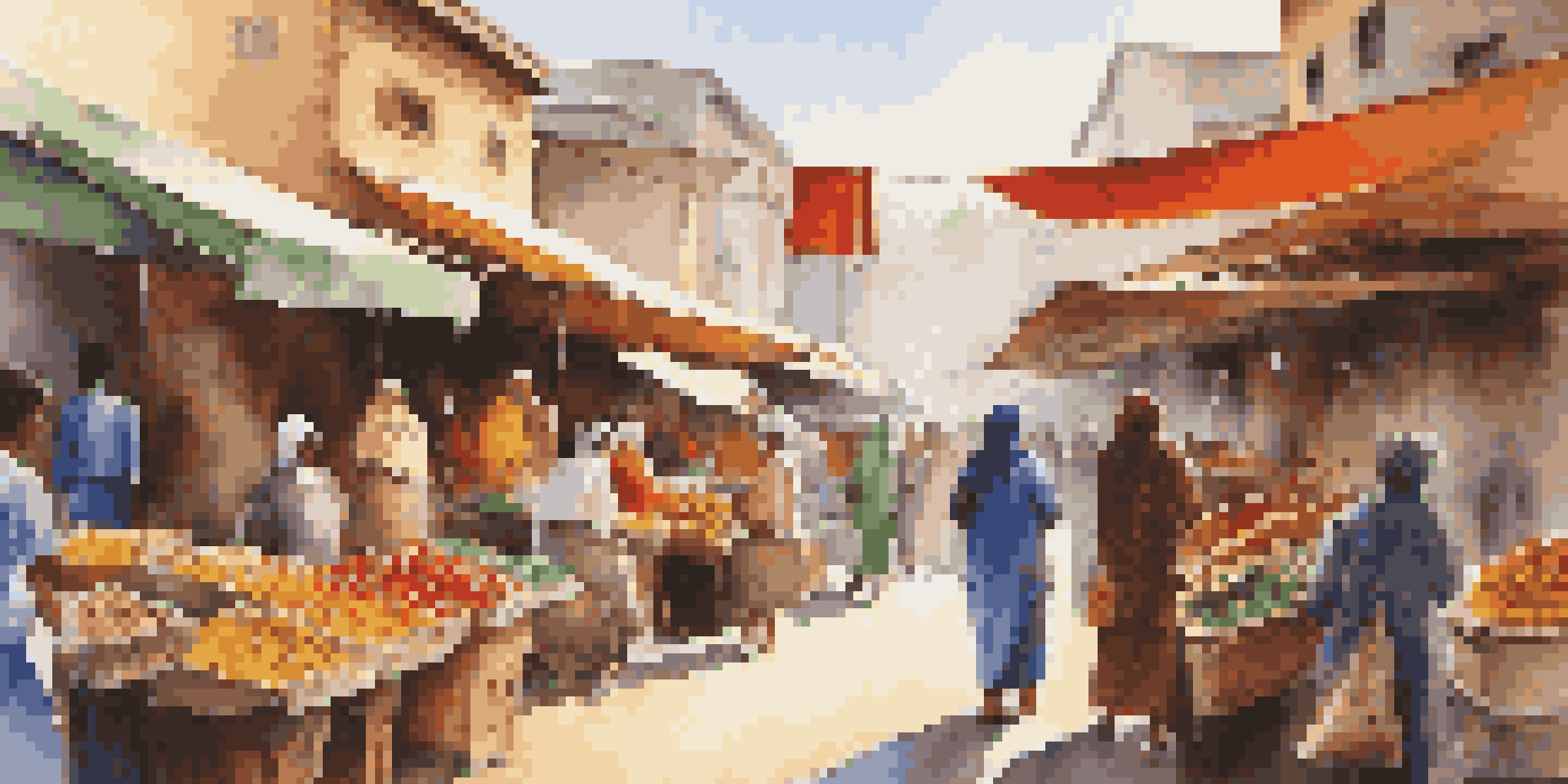 A lively street market showcasing colorful stalls with various products and a diverse group of shoppers.