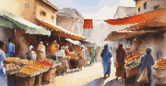 A lively street market showcasing colorful stalls with various products and a diverse group of shoppers.