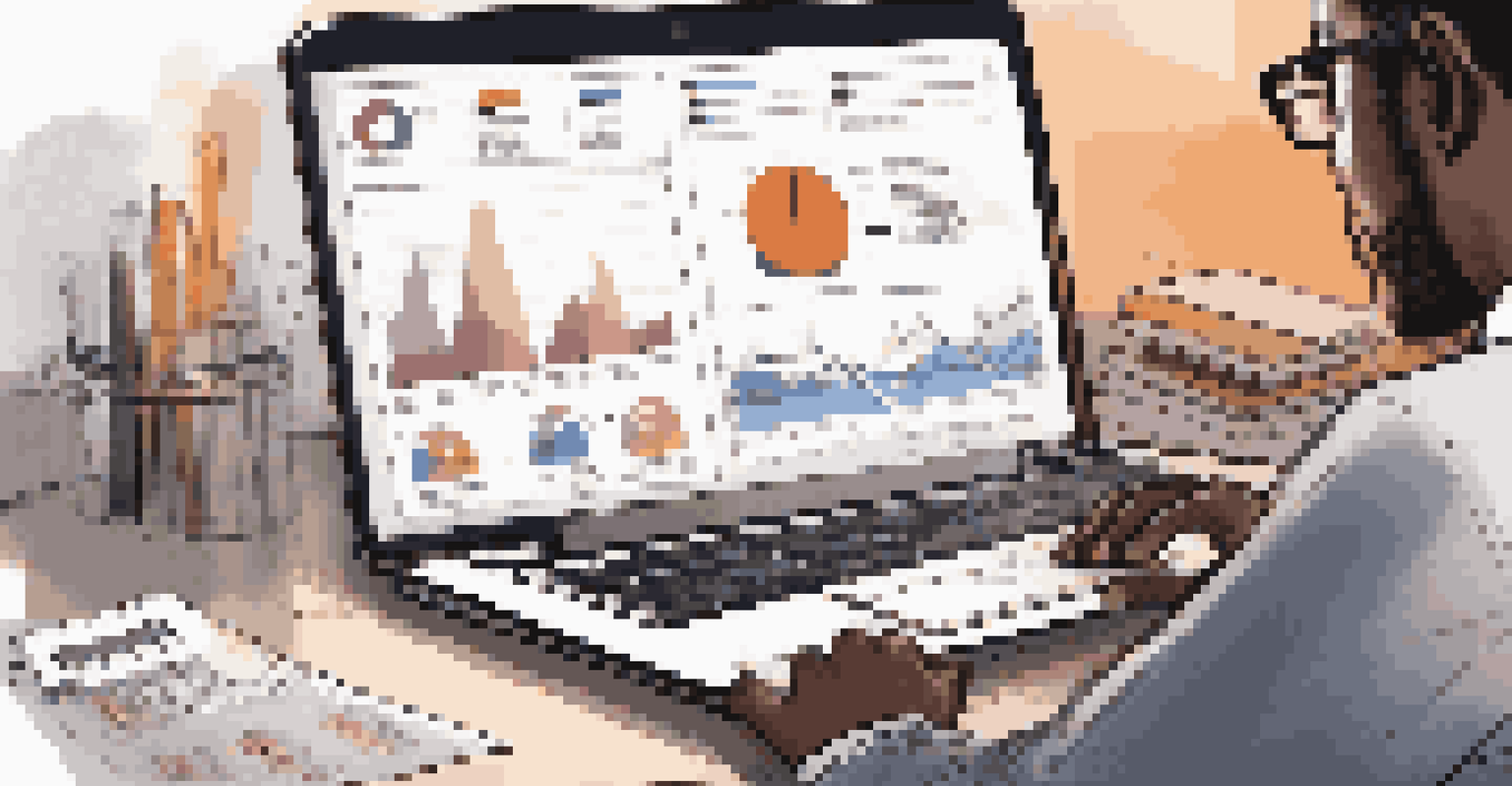 A close-up of a business person examining data on a laptop, with graphs and notes on a modern desk.