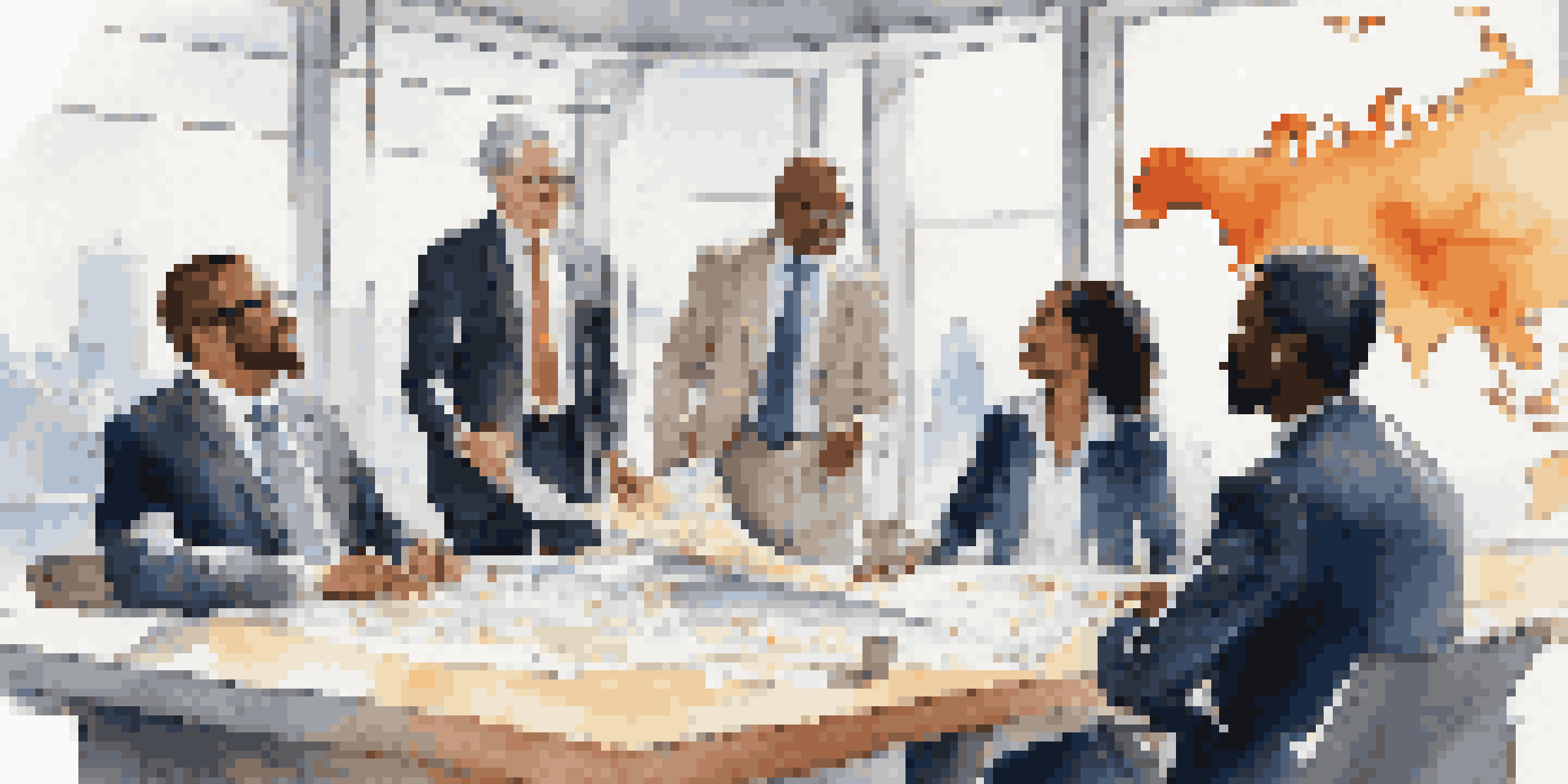 A diverse group of business professionals discussing around a conference table with a world map in the background, showcasing cultural diversity.