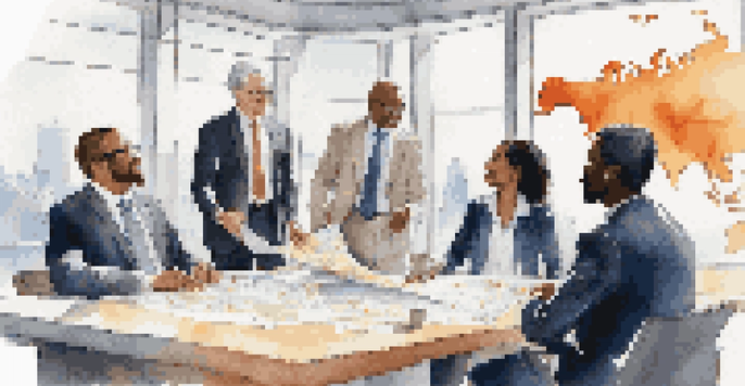 A diverse group of business professionals discussing around a conference table with a world map in the background, showcasing cultural diversity.