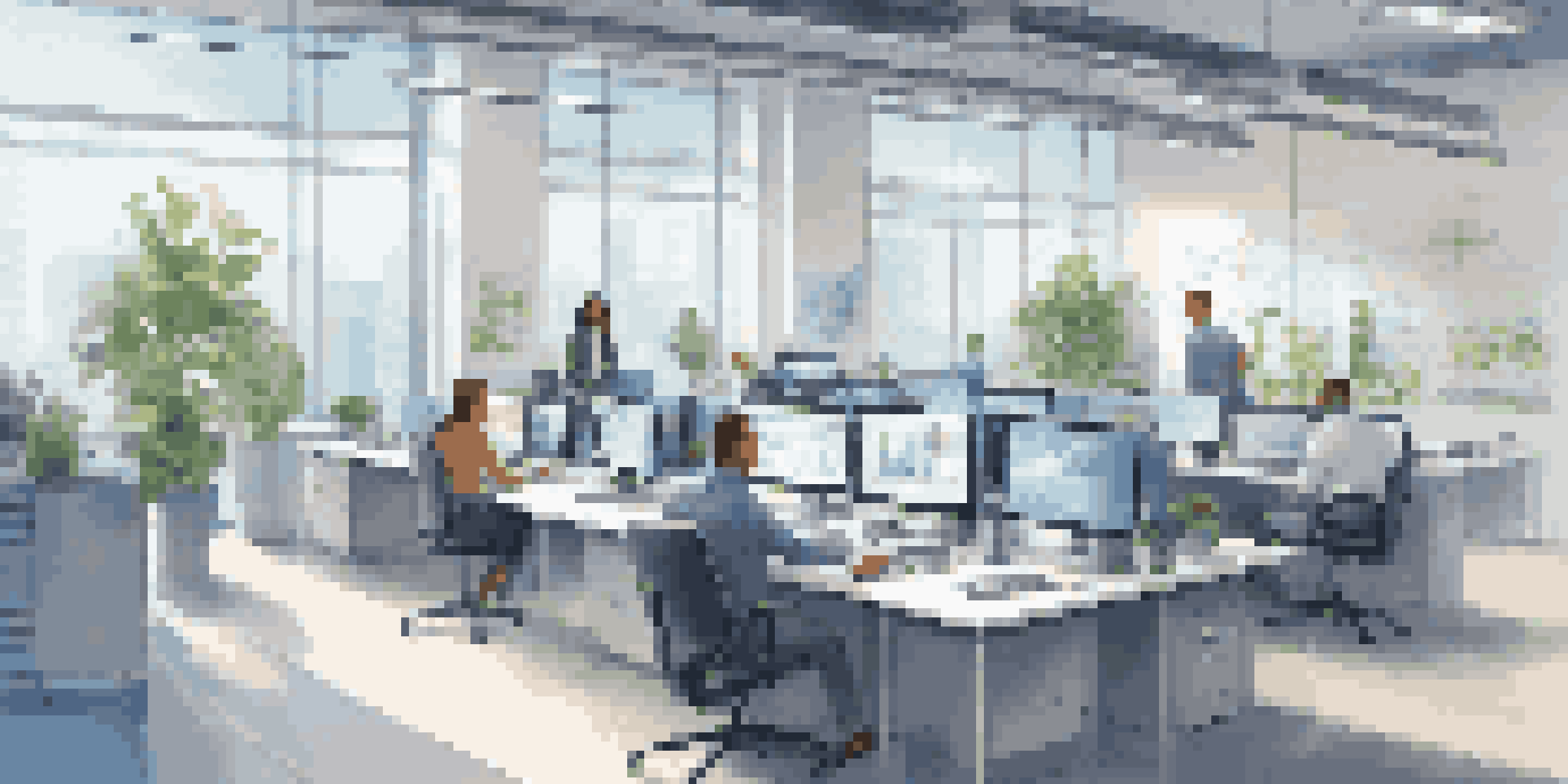 A bright office environment with employees using technology and collaborating, surrounded by greenery.