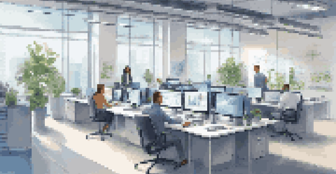 A bright office environment with employees using technology and collaborating, surrounded by greenery.