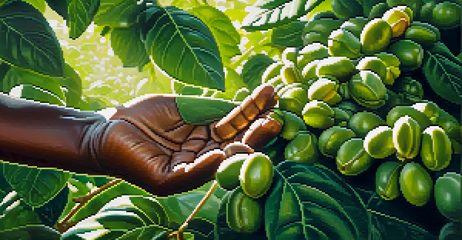 Close-up of workers handpicking fair trade coffee beans in a green farm, with sunlight filtering through the leaves.