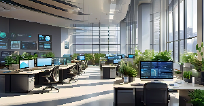 A modern office with multiple screens showing data analytics and employees collaborating in a bright workspace.