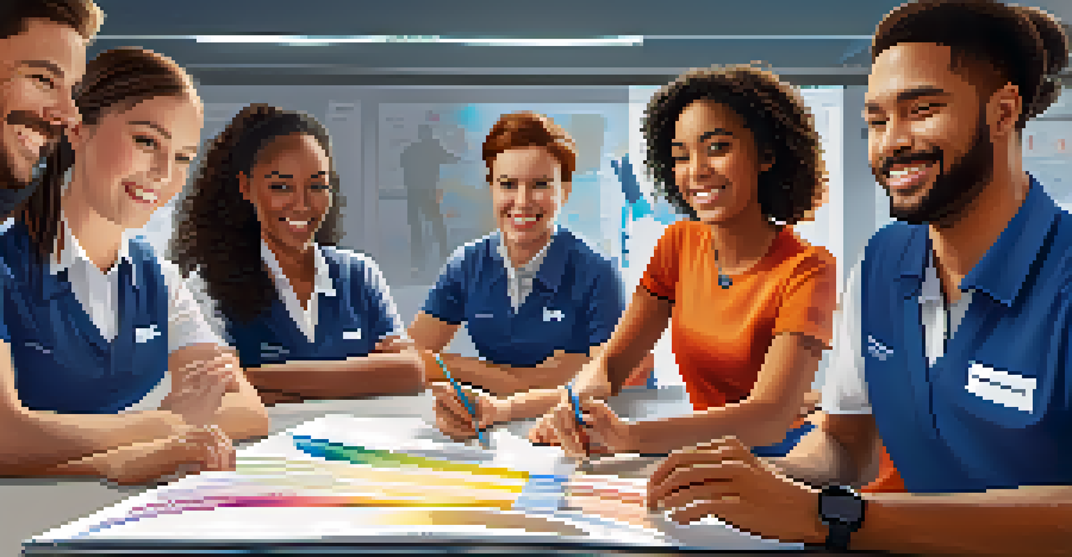 A diverse group of employees engaging in training at a franchise, smiling and collaborating in a modern setting.