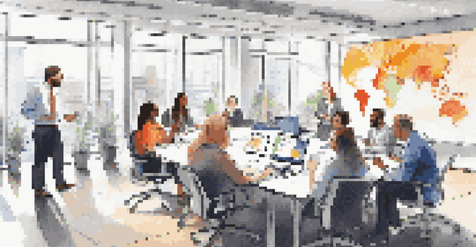 A diverse group of employees collaborating in a bright office meeting, with laptops and a whiteboard filled with notes.