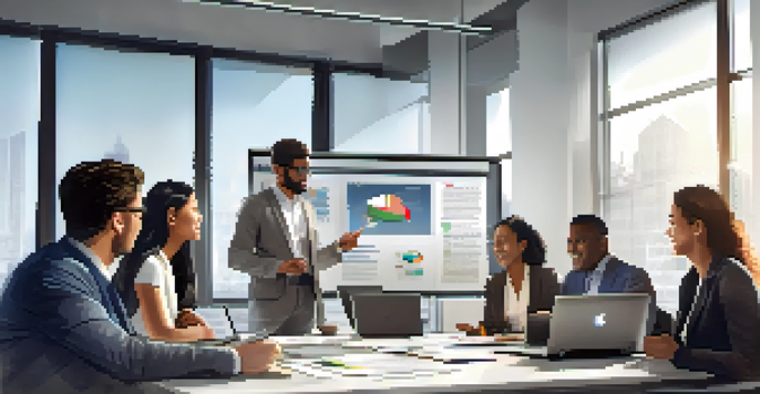 A diverse group of professionals in a bright office meeting, discussing ideas around a large table with laptops and documents.