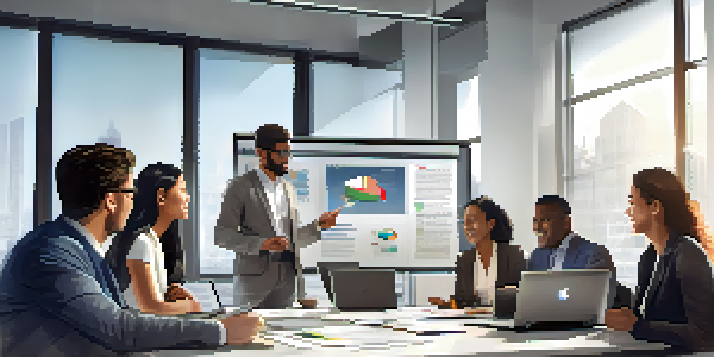 A diverse group of professionals in a bright office meeting, discussing ideas around a large table with laptops and documents.