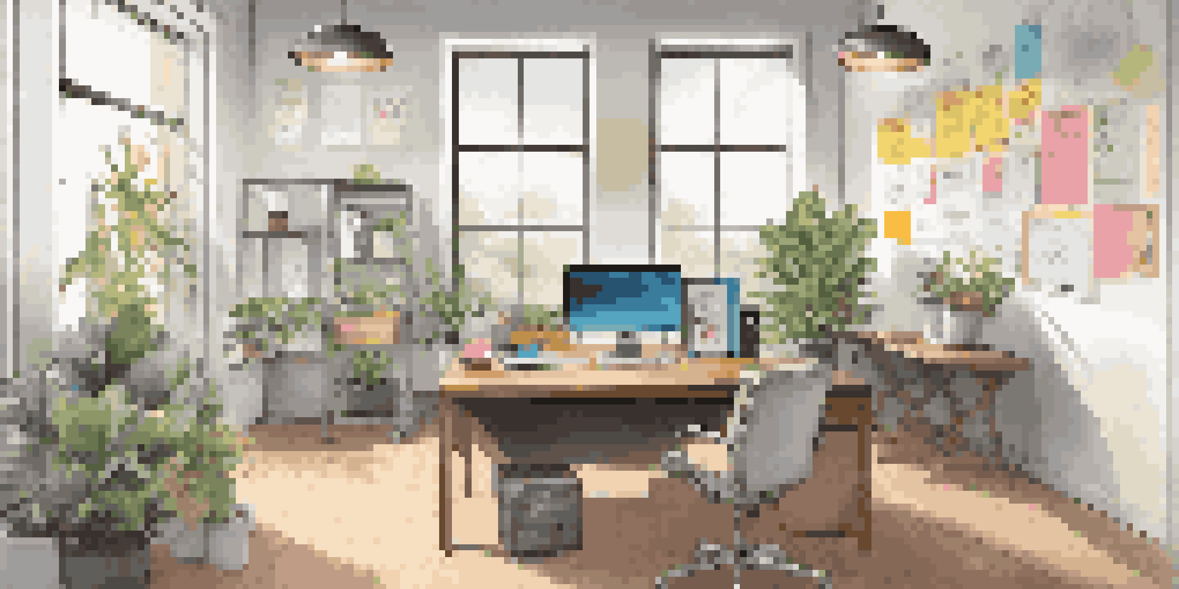 A bright and organized modern office workspace with a wooden desk, computer, potted plant, and inspirational quotes on the walls.
