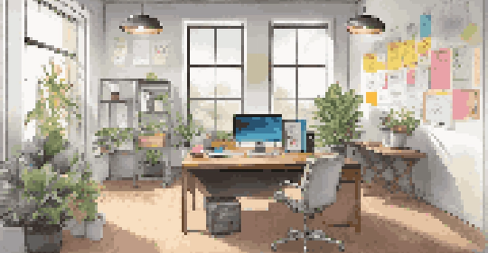 A bright and organized modern office workspace with a wooden desk, computer, potted plant, and inspirational quotes on the walls.