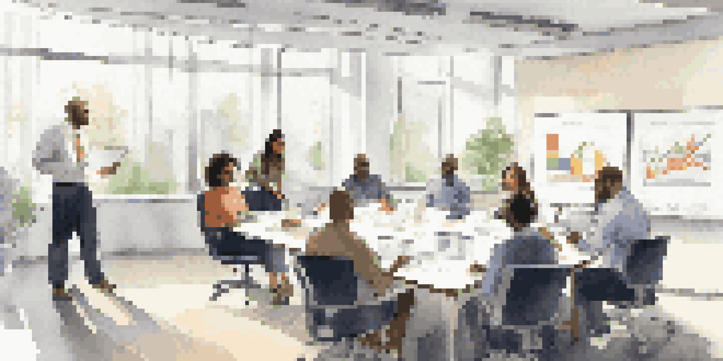 A group of diverse employees participating in a compliance training workshop in a well-lit office, with a whiteboard filled with regulatory information.